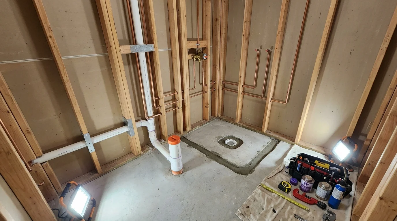 Bathroom rough-in plumbing during remodel by Johns Plumbing LLC in New Town
