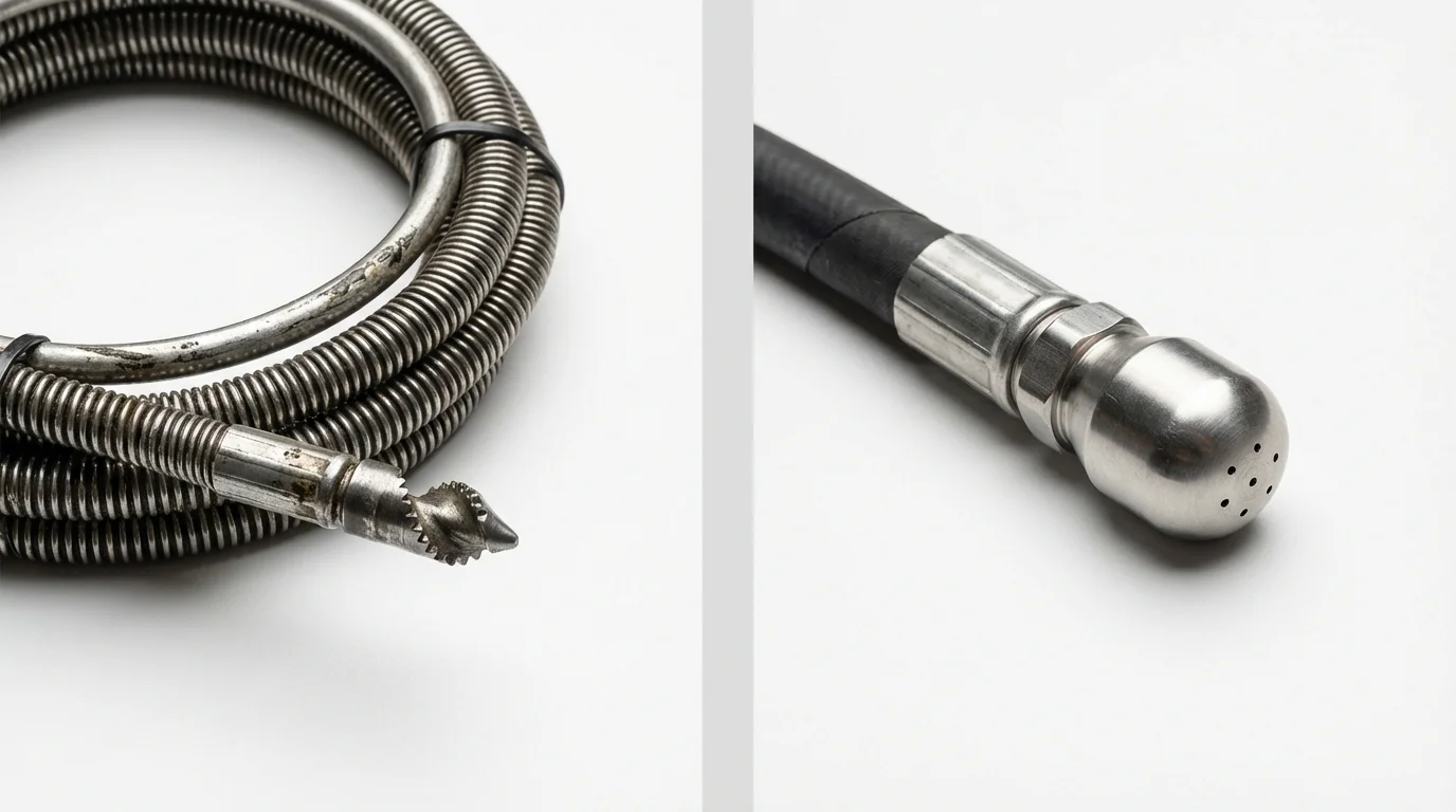 Drain snake cable and hydro jetting nozzle used for drain cleaning in New Town, ND