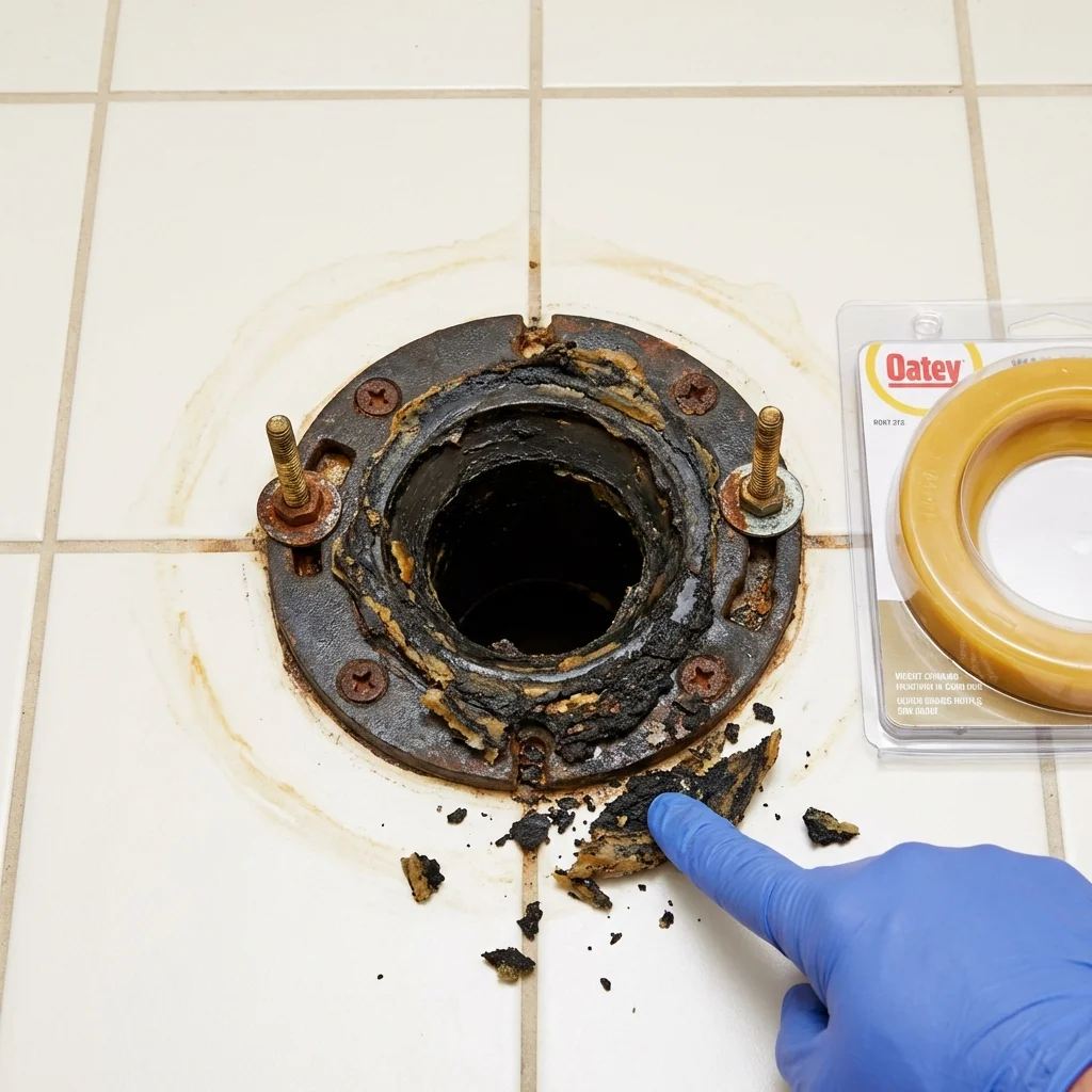 Failed wax ring showing water seepage at the base of a toilet in a New Town, ND home