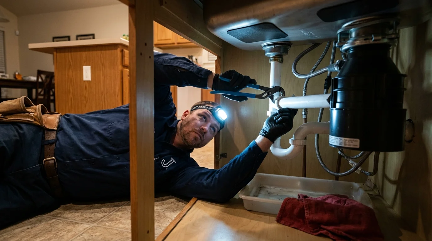 P-trap and supply line connections under a kitchen sink showing a common leak point in New Town, ND